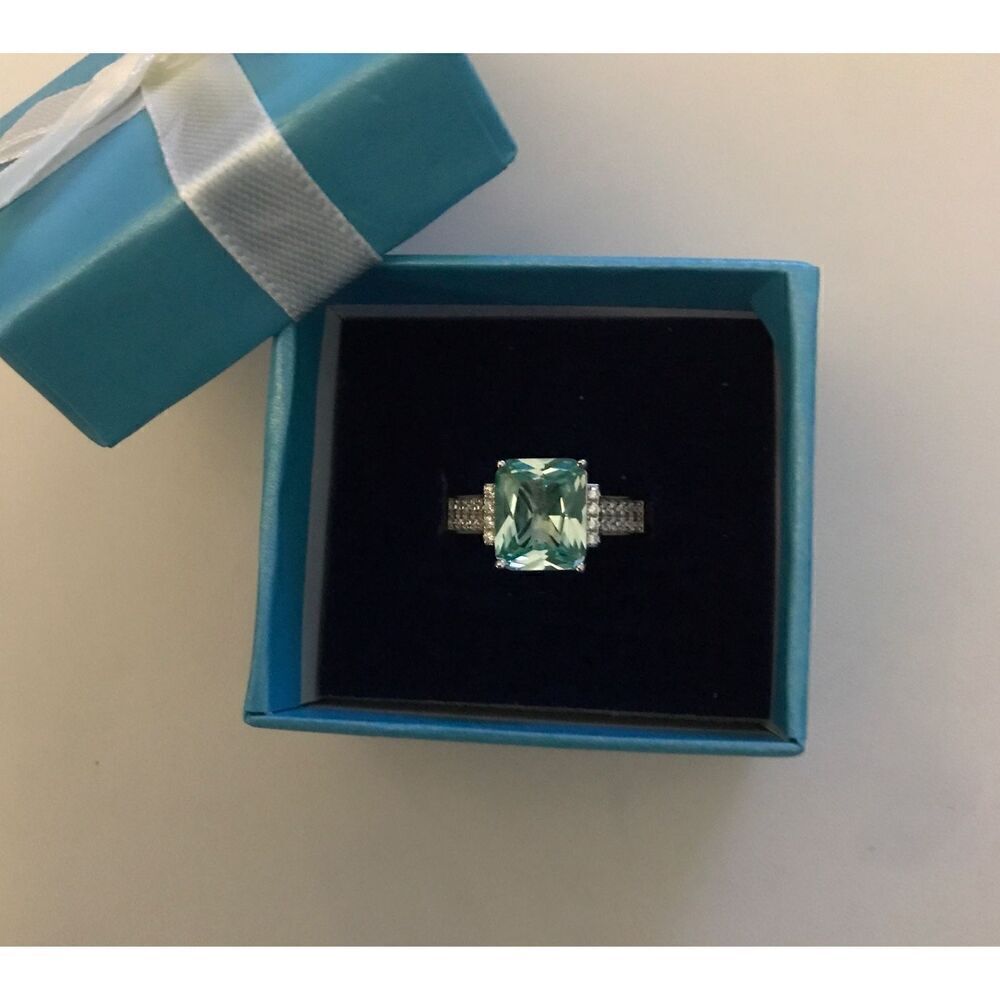 Gorgeous 5.08 Ct. Seafoam Green Spinel & Sim Diamond Engagement Ring Sz 8~.925SS